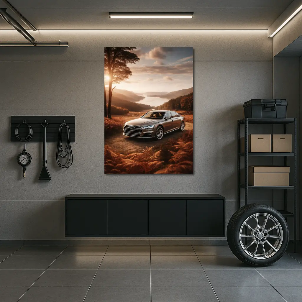 Audi A8 Parked Beside Autumn Forest Lake – Wall Art