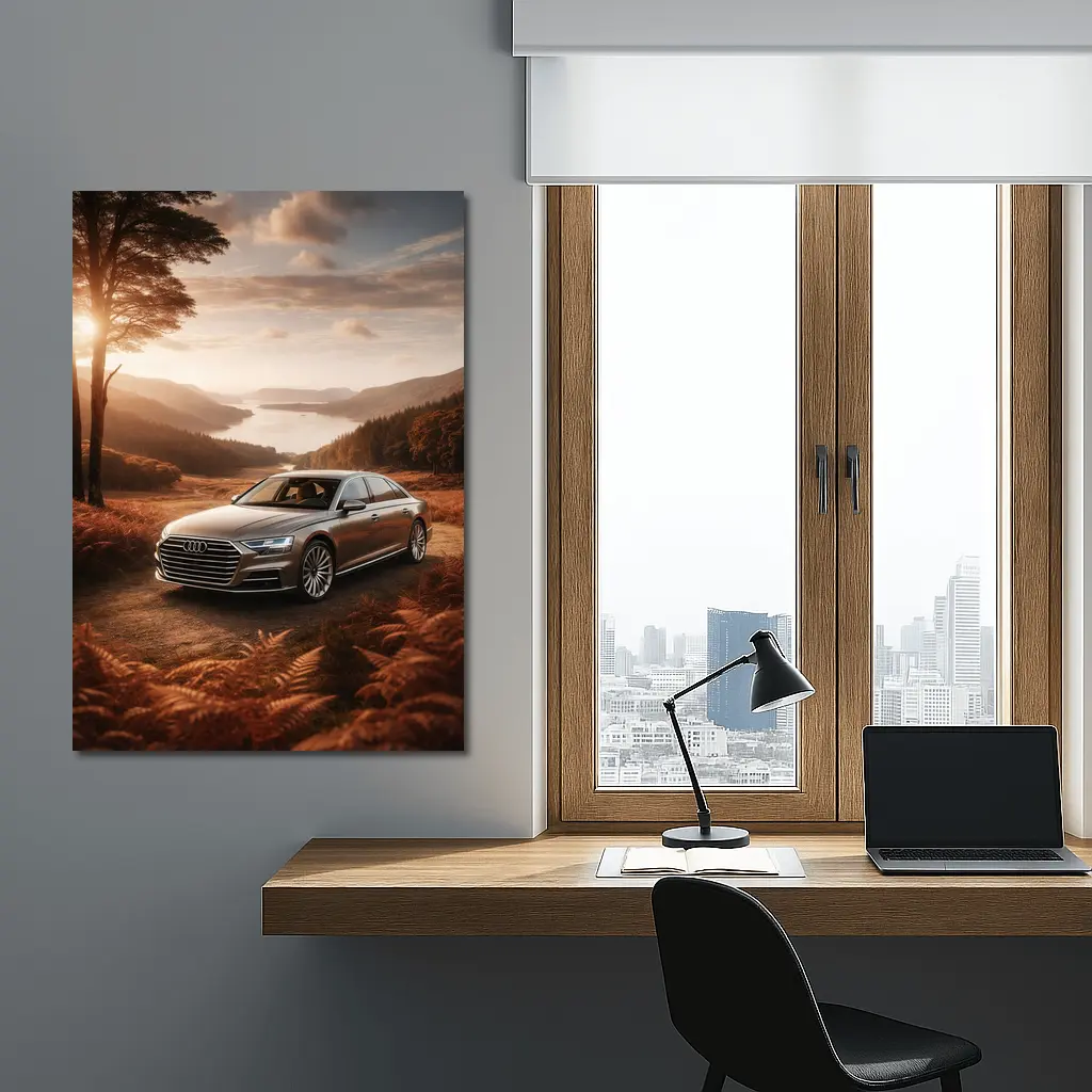 Audi A8 Parked Beside Autumn Forest Lake – Wall Art