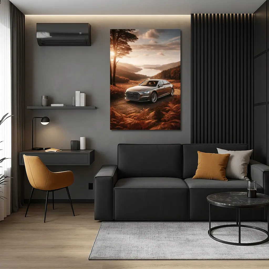 Audi A8 Parked Beside Autumn Forest Lake – Wall Art
