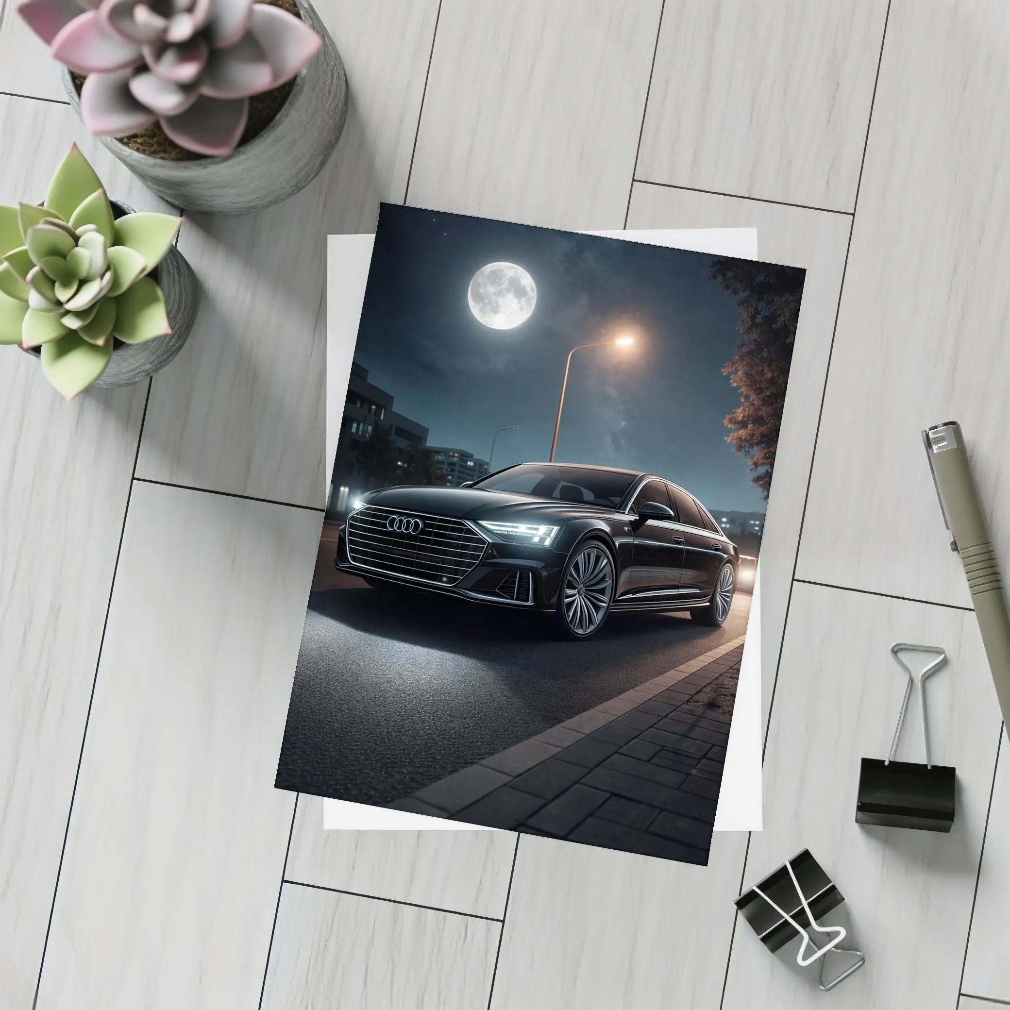 Audi A8 Parked Under Night Moonlight – Postcards