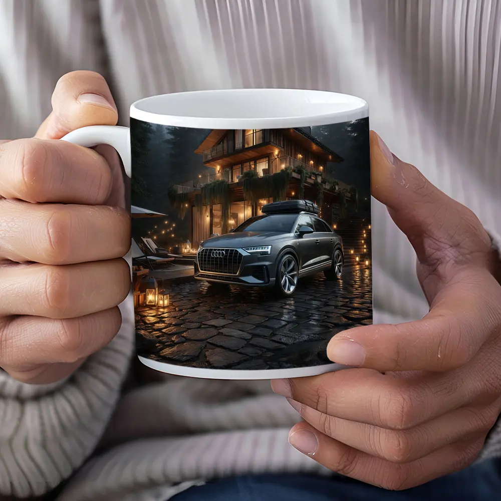 Audi Q8 Parked Outside Forest Cabin Night – Mugs