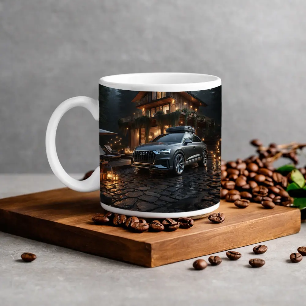 Audi Q8 Parked Outside Forest Cabin Night – Mugs