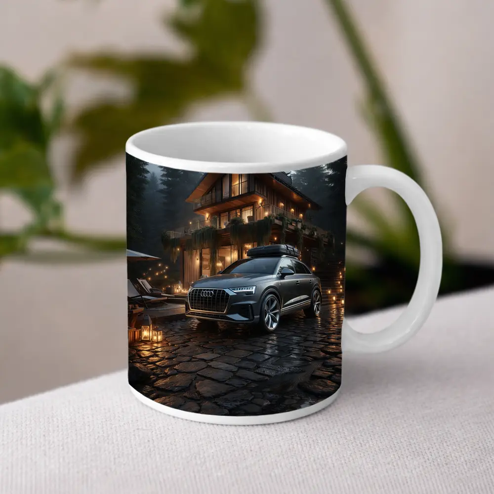 Audi Q8 Parked Outside Forest Cabin Night – Mugs