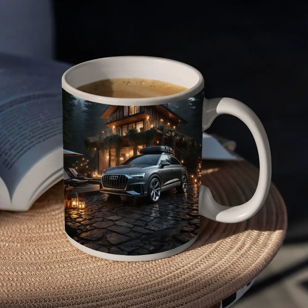 Audi Q8 Parked Outside Forest Cabin Night – Mugs