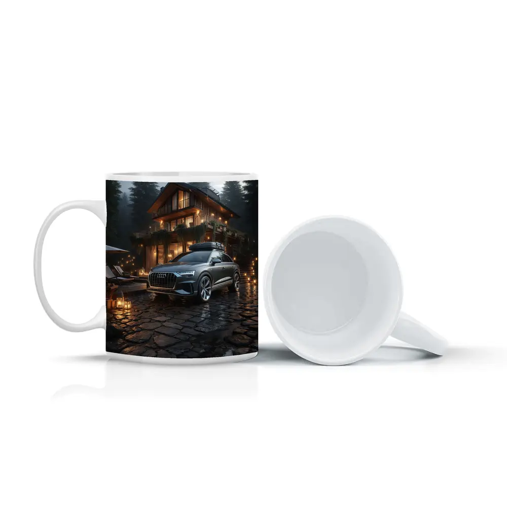 Audi Q8 Parked Outside Forest Cabin Night – Mugs