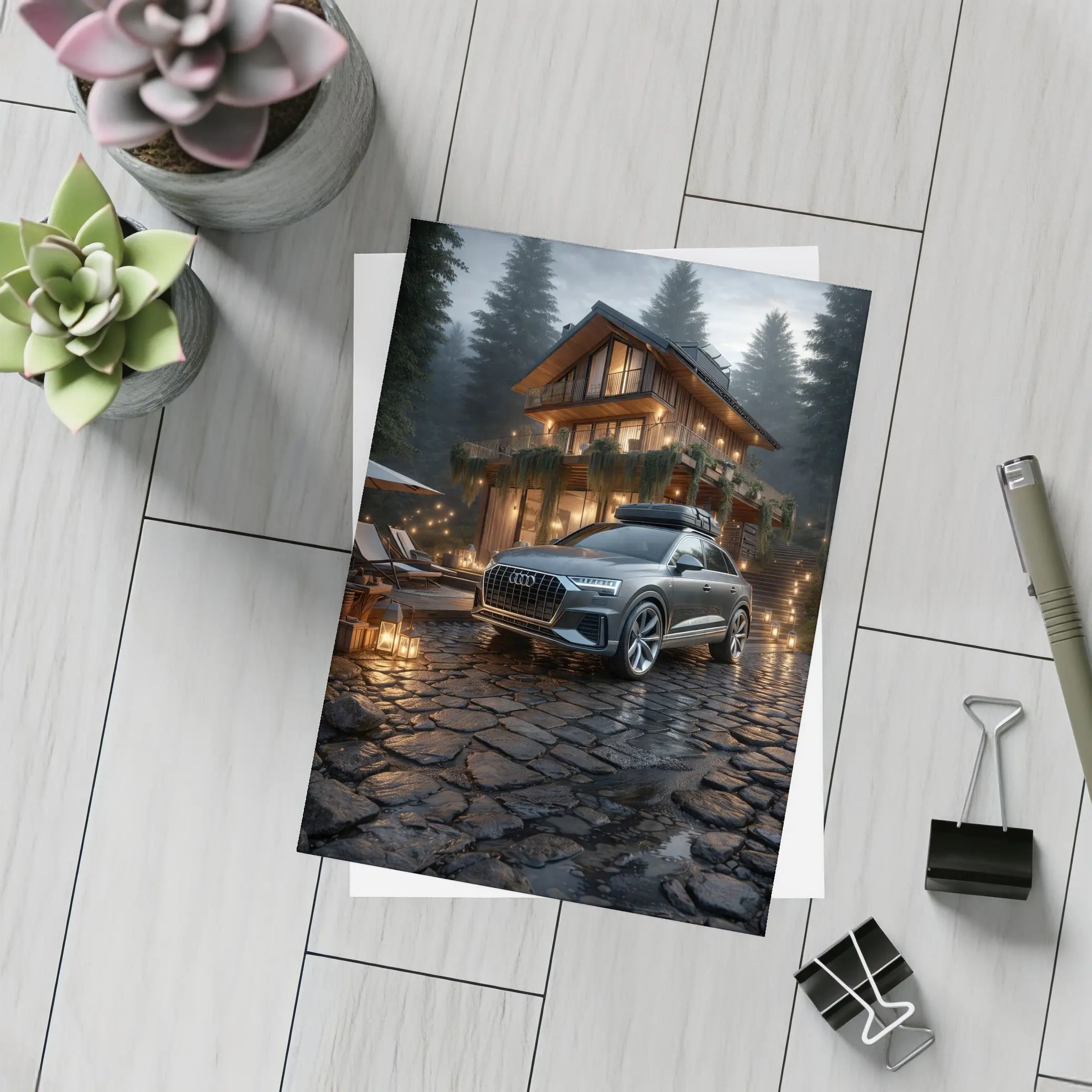 Audi Q8 Parked Outside Forest Cabin Night – Postcards