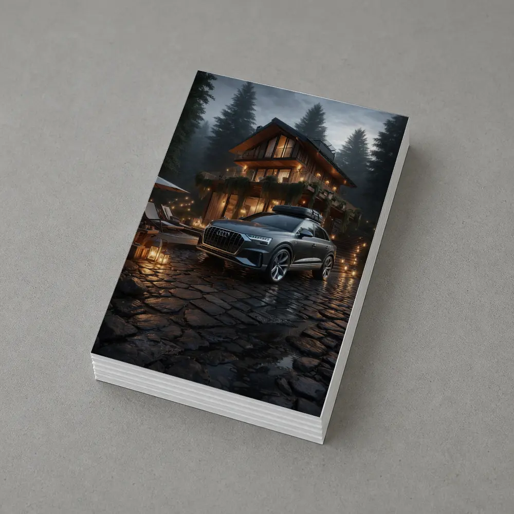 Audi Q8 Parked Outside Forest Cabin Night – Postcards