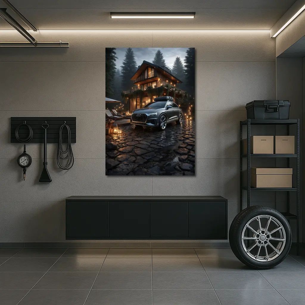 Audi Q8 Parked Outside Forest Cabin Night – Wall Art