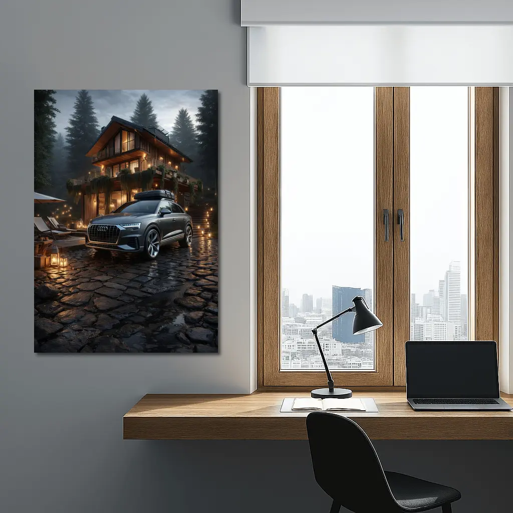 Audi Q8 Parked Outside Forest Cabin Night – Wall Art