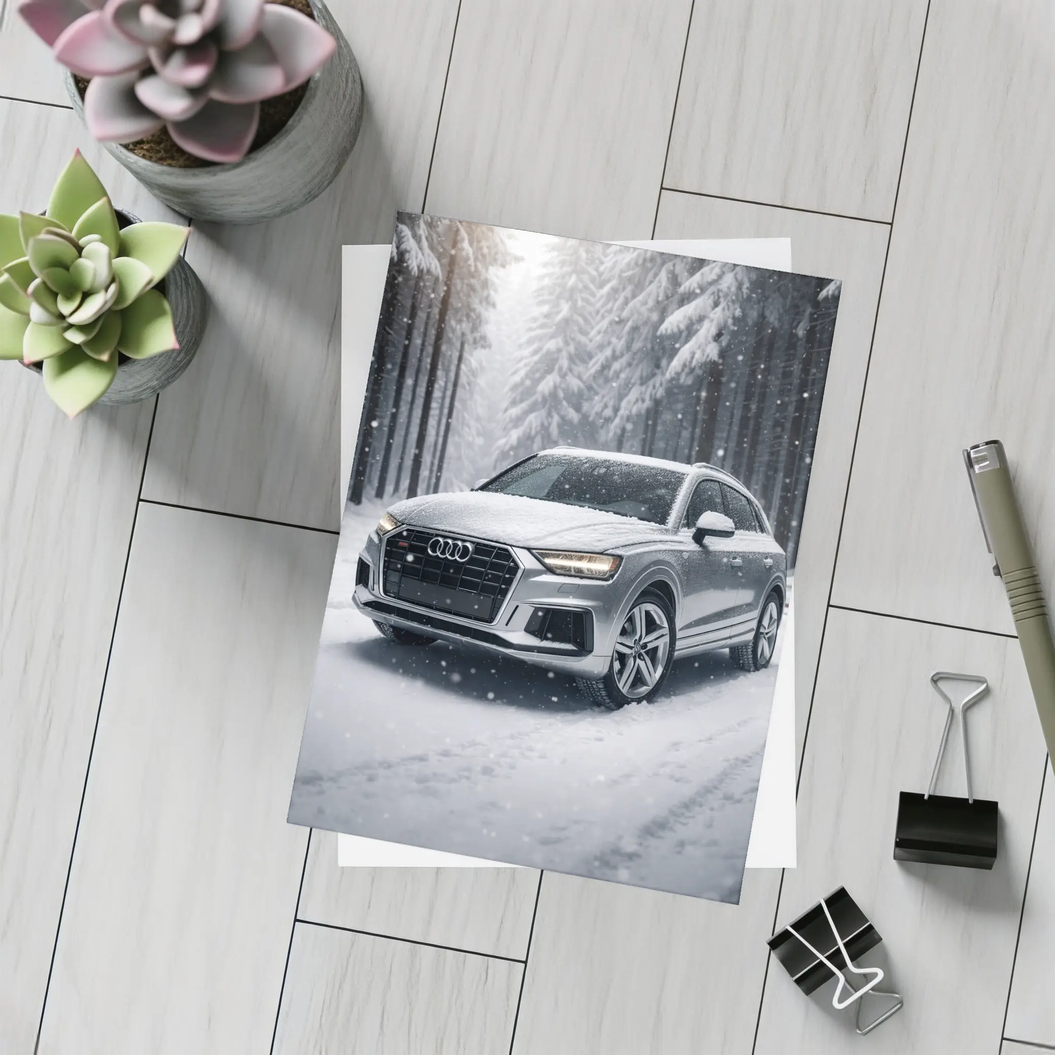 Audi Q7 Silver SUV Snowy Forest – Postcards
