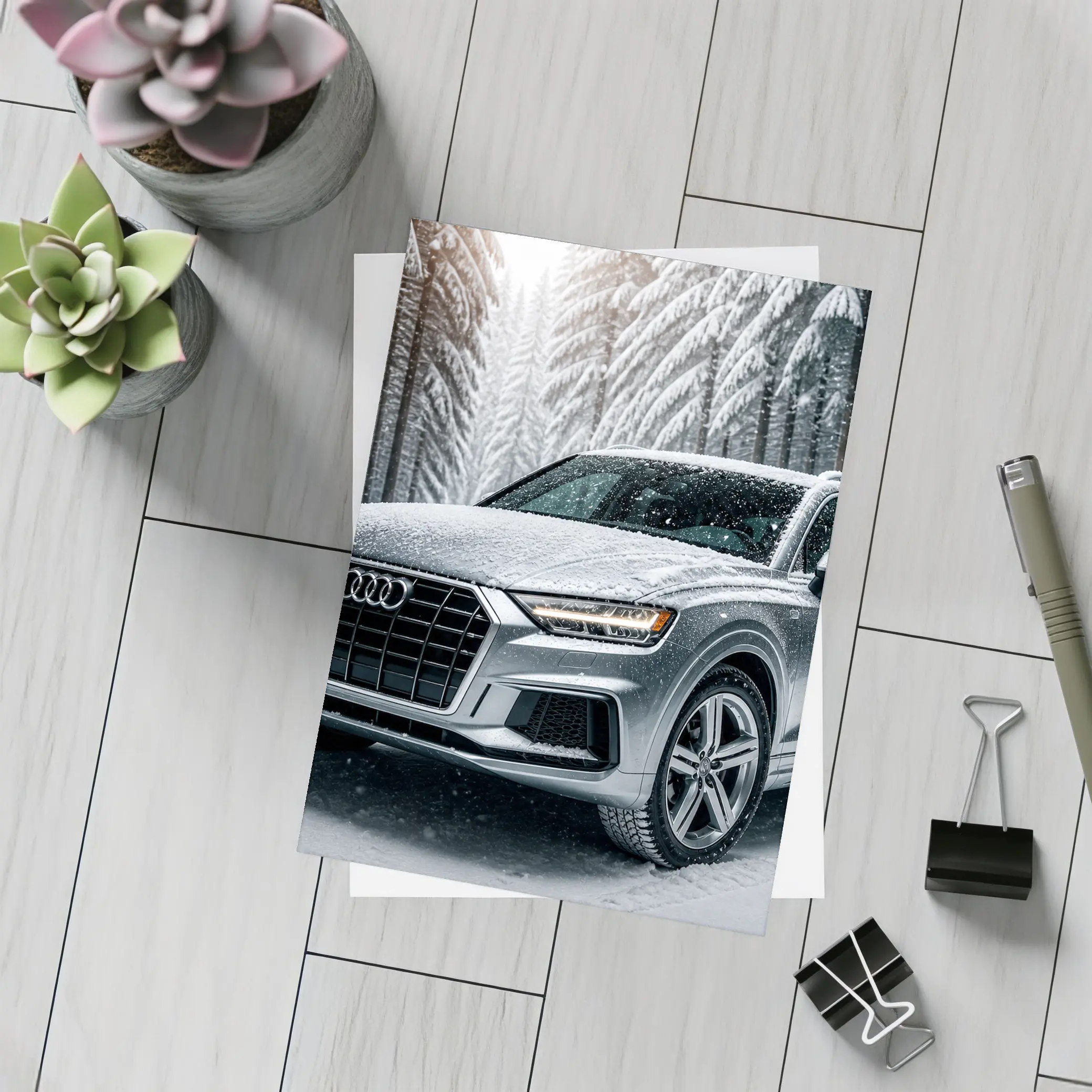 Audi Q7 Silver SUV Snowy Forest – Postcards