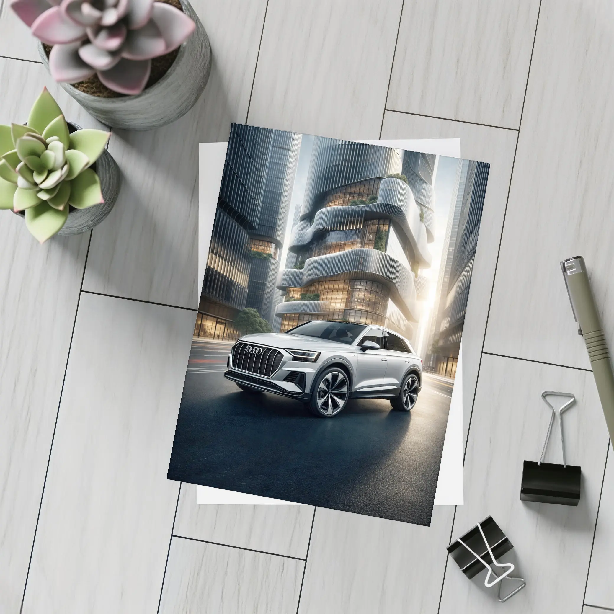 Audi Q8 White SUV Futuristic City – Postcards