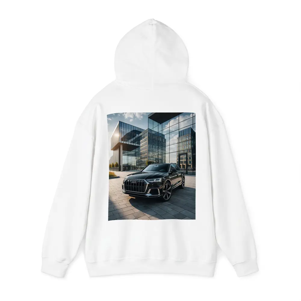 Audi Q8 Black SUV Modern Glass Buildings – Hoodies