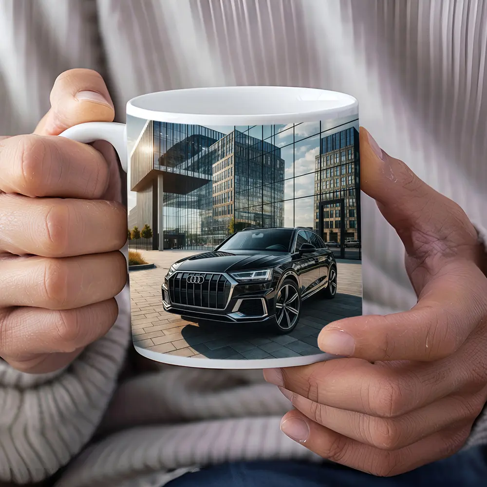 Audi Q8 Black SUV Modern Glass Buildings – Mugs