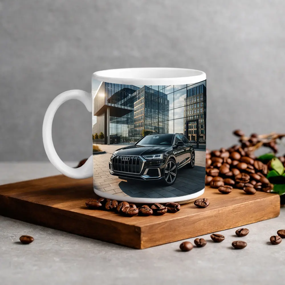 Audi Q8 Black SUV Modern Glass Buildings – Mugs