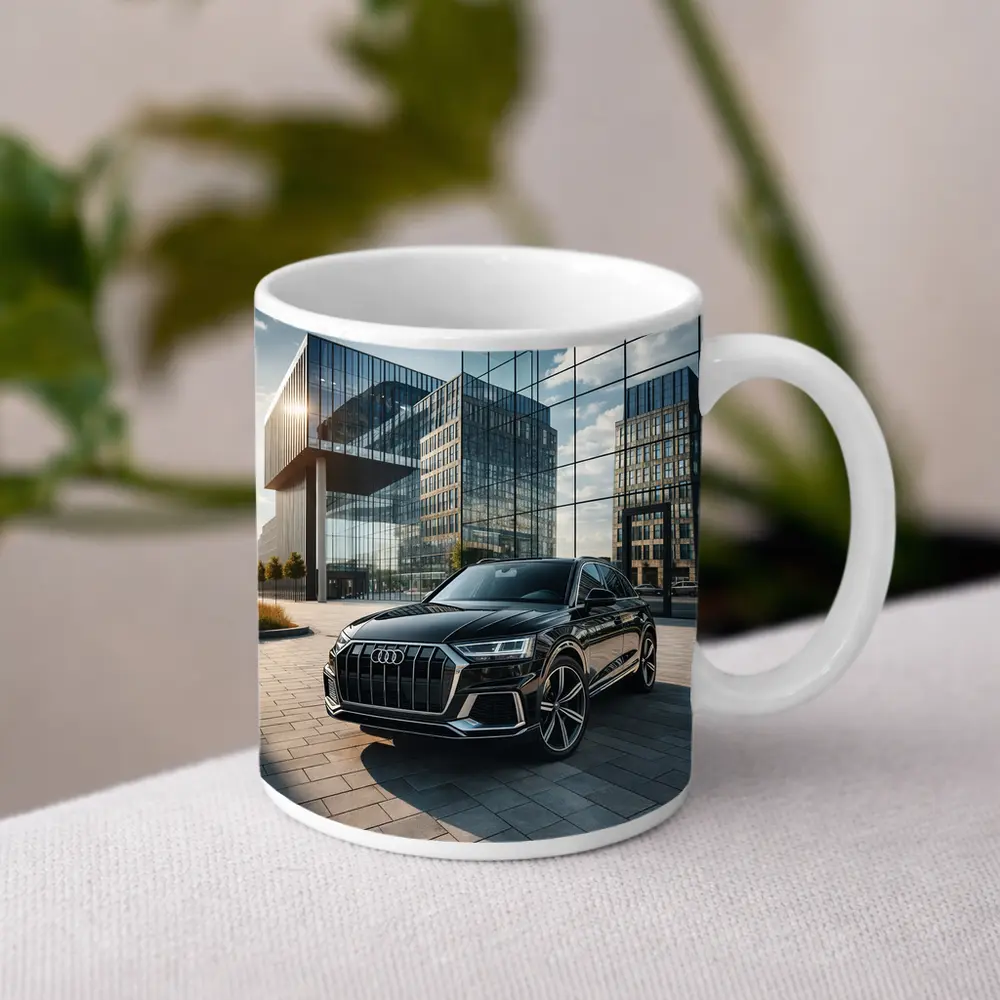 Audi Q8 Black SUV Modern Glass Buildings – Mugs