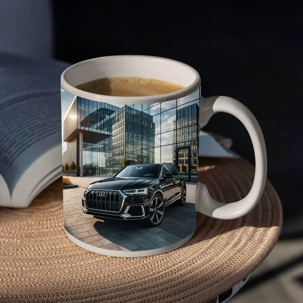 Audi Q8 Black SUV Modern Glass Buildings – Mugs