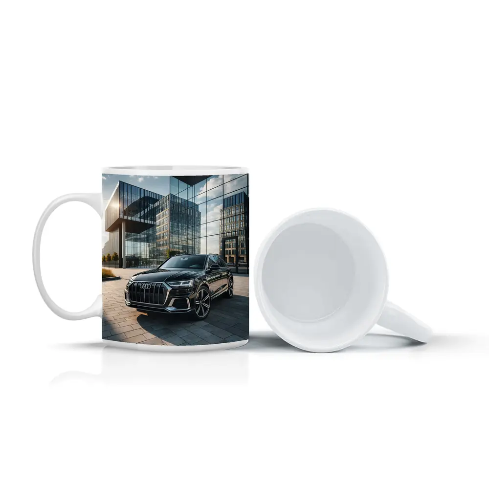Audi Q8 Black SUV Modern Glass Buildings – Mugs