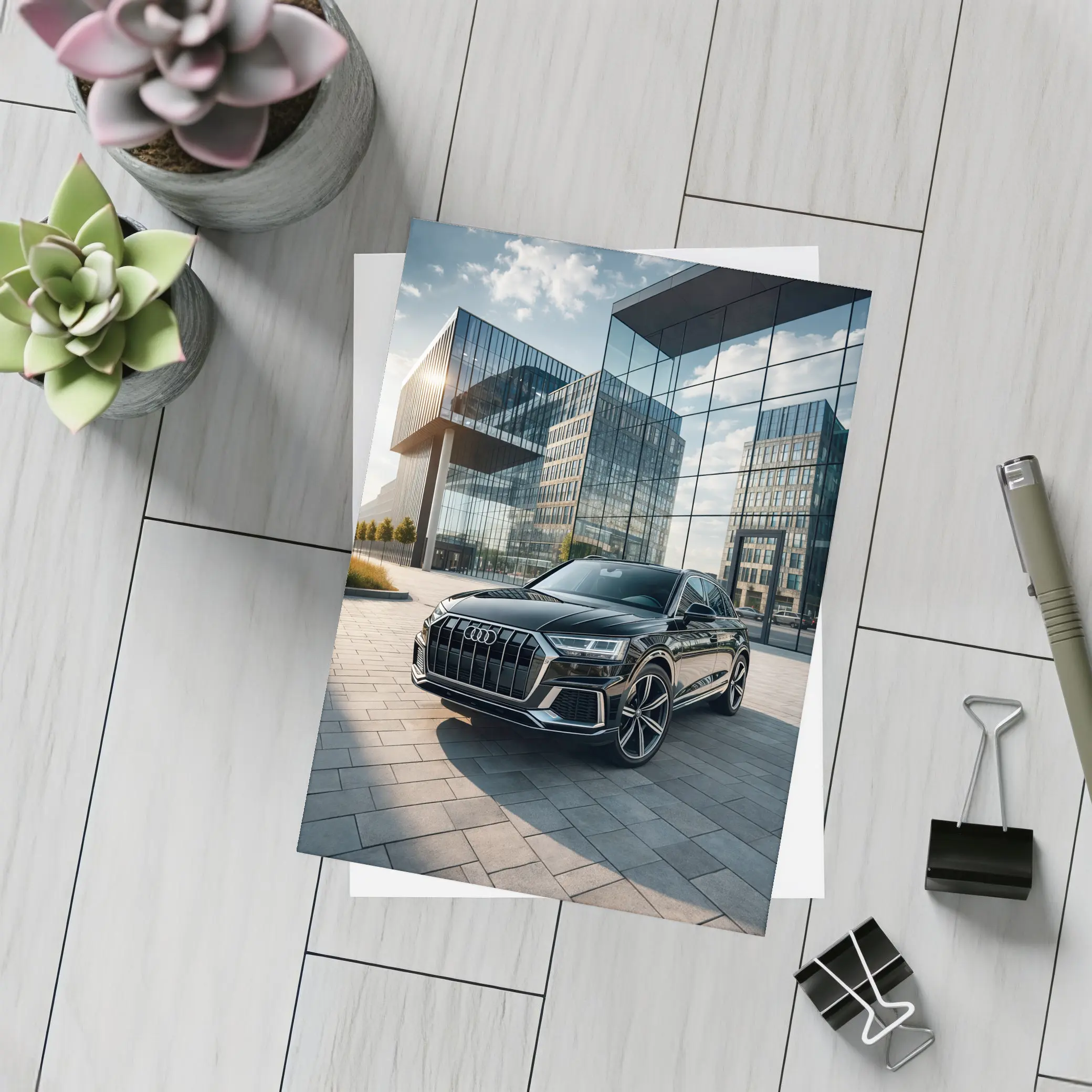 Audi Q8 Black SUV Modern Glass Buildings – Postcards