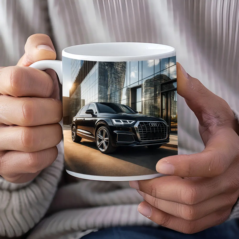 Audi Q5 Parked Outside Glass City Building – Mugs