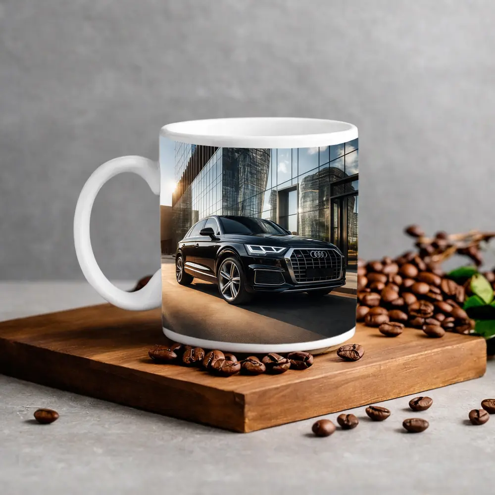 Audi Q5 Parked Outside Glass City Building – Mugs