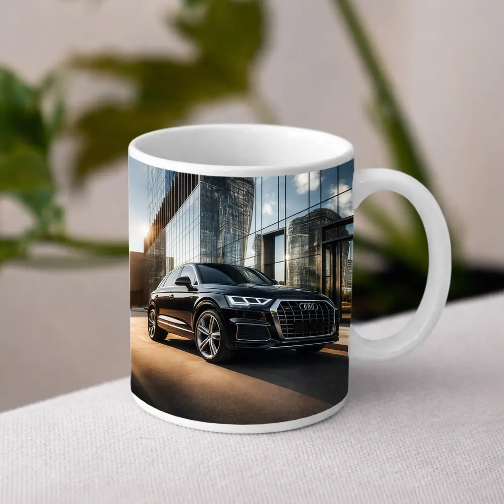 Audi Q5 Parked Outside Glass City Building – Mugs