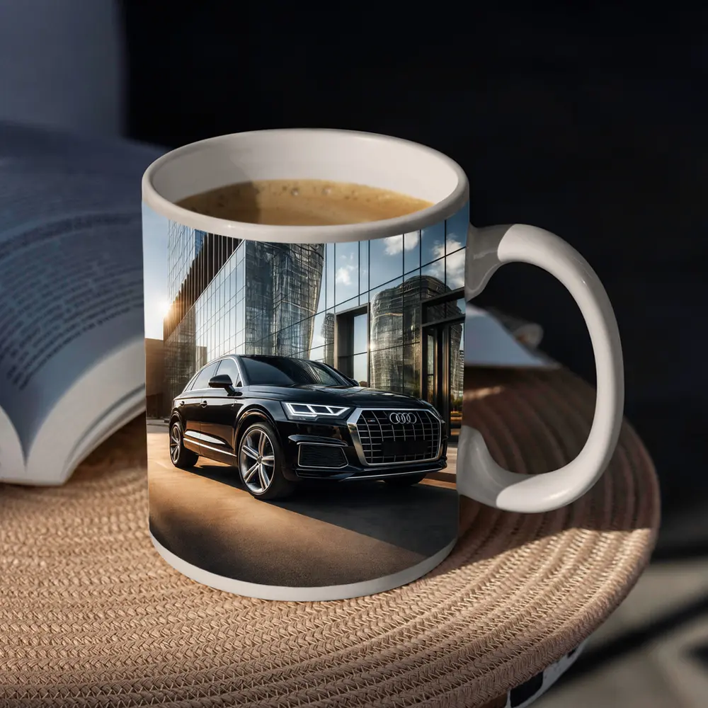 Audi Q5 Parked Outside Glass City Building – Mugs