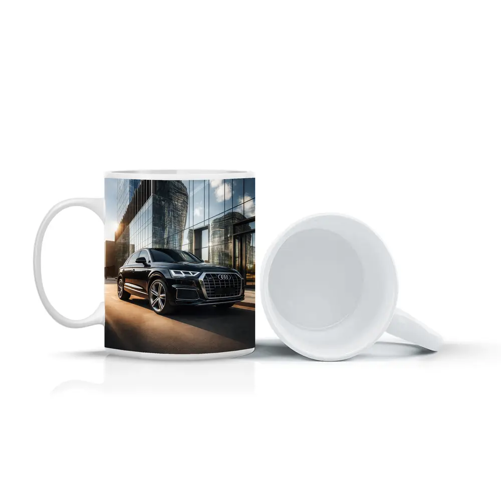 Audi Q5 Parked Outside Glass City Building – Mugs