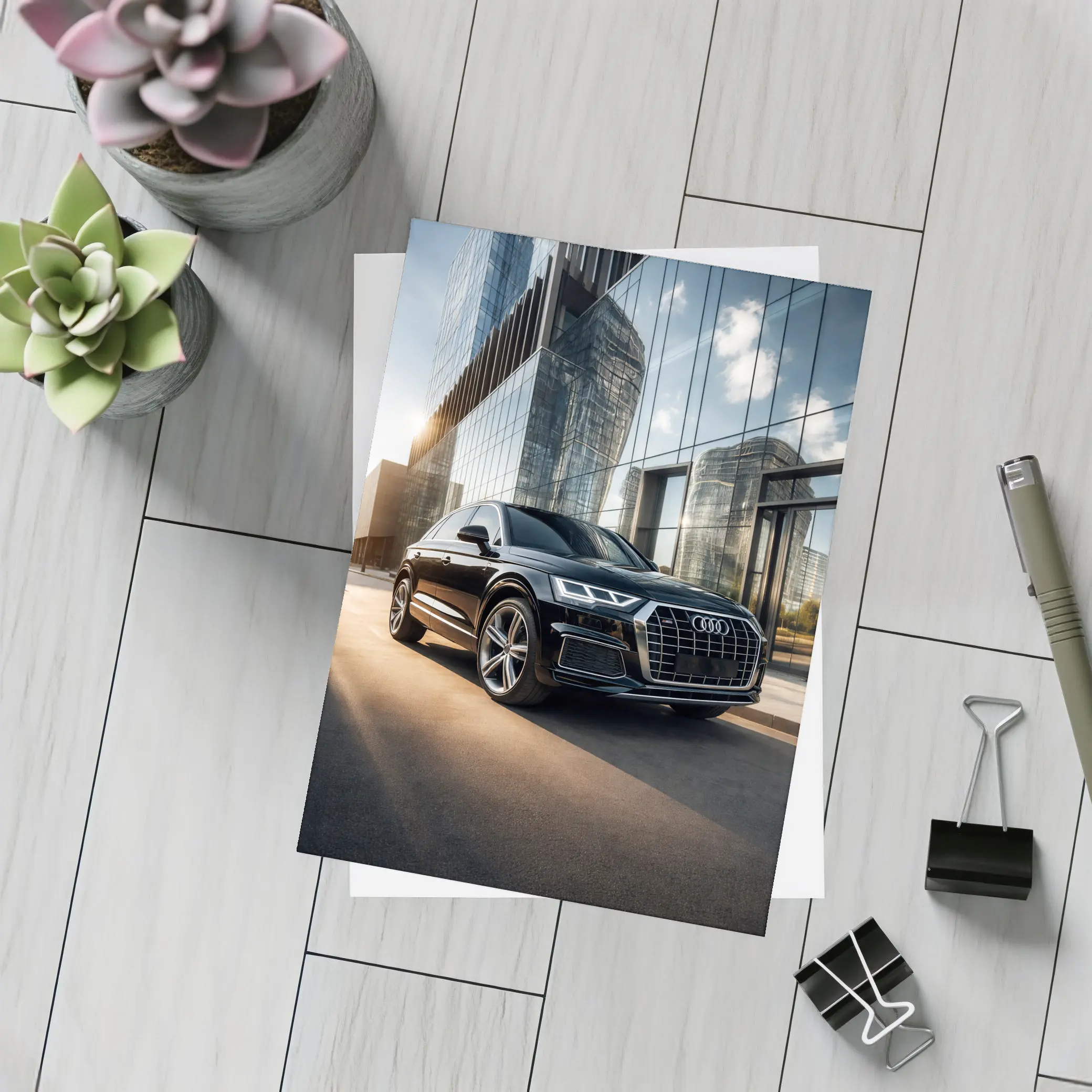 Audi Q5 Parked Outside Glass City Building – Postcards
