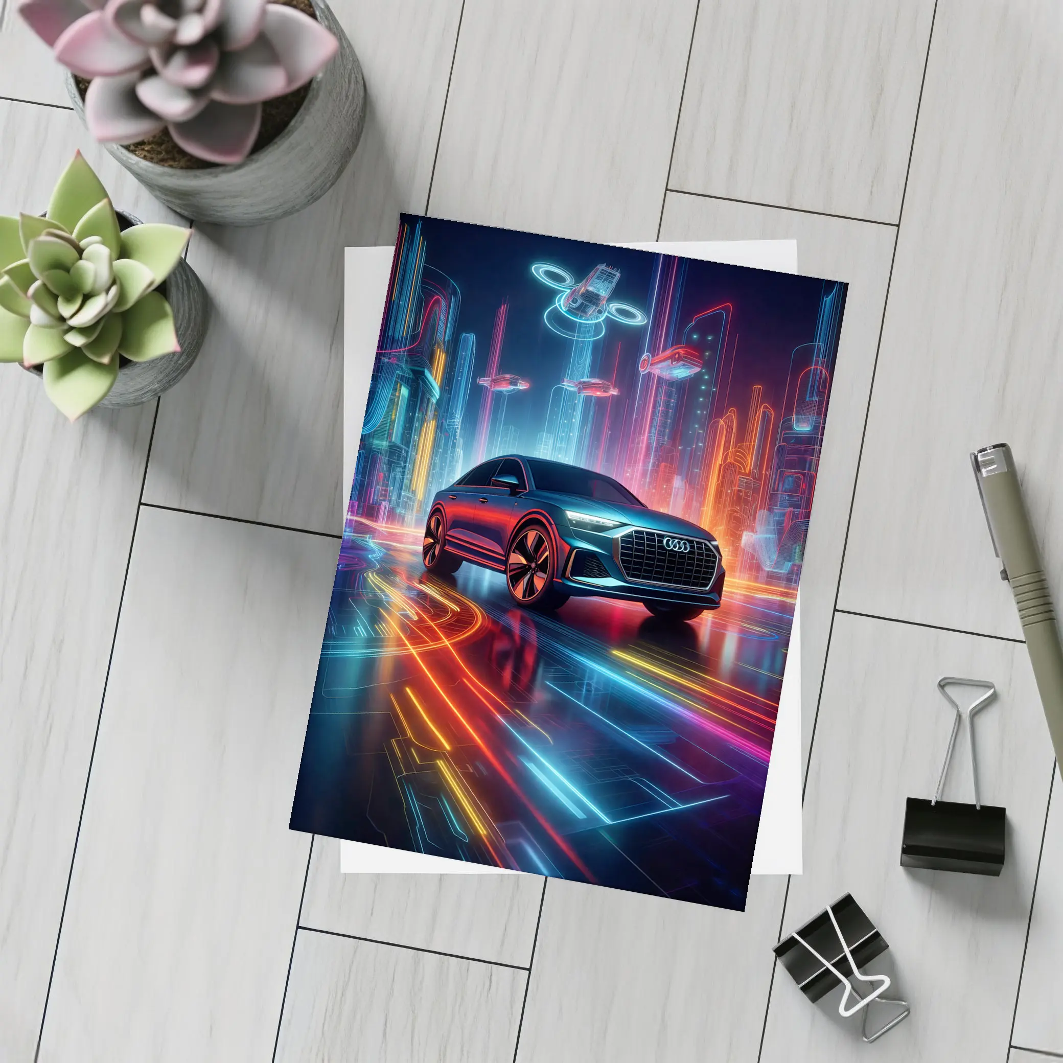 Audi Q8 Neon Futuristic City Night – Postcards