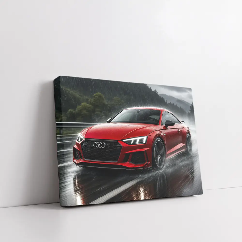 Audi RS5 Red Coupe Driving in Rain – Wall Art