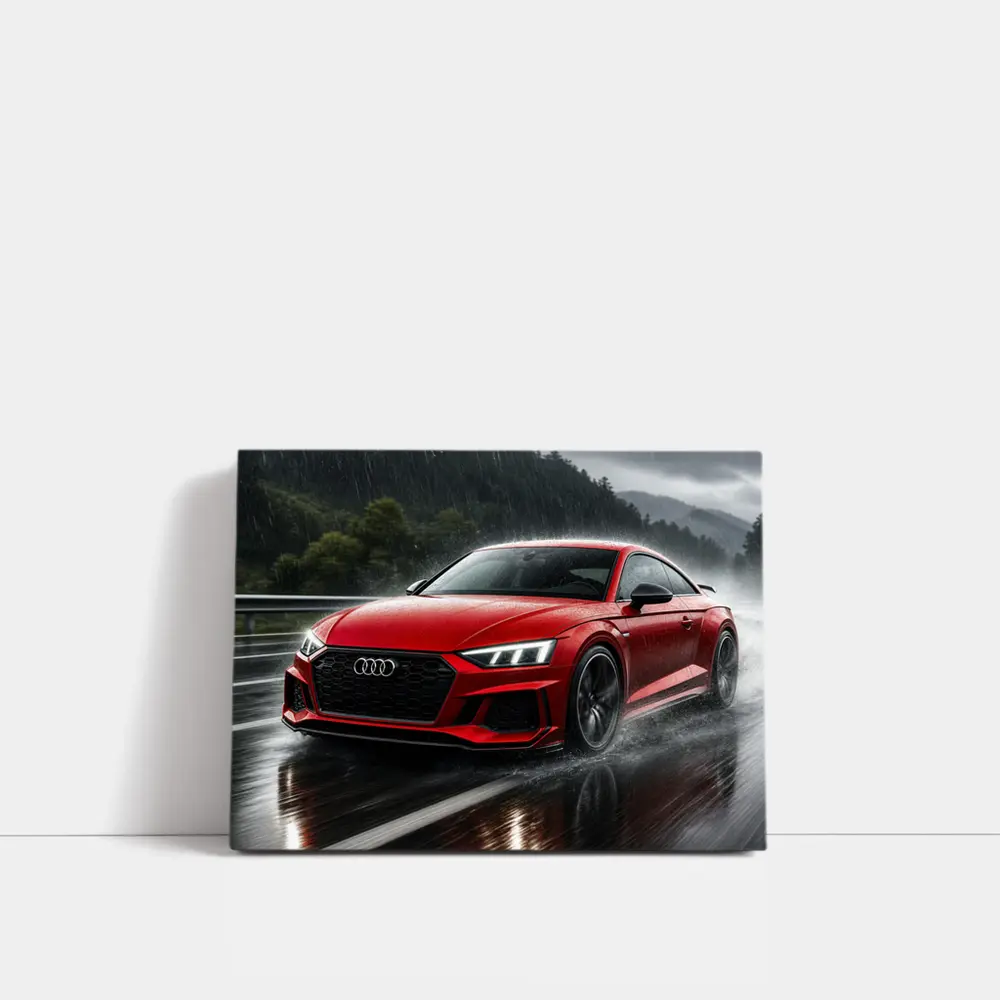 Audi RS5 Red Coupe Driving in Rain – Wall Art