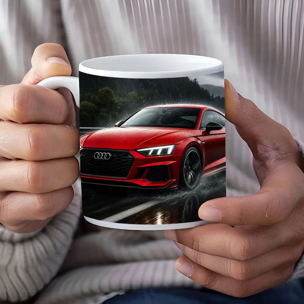 Audi RS5 Red Coupe Driving in Rain – Mugs