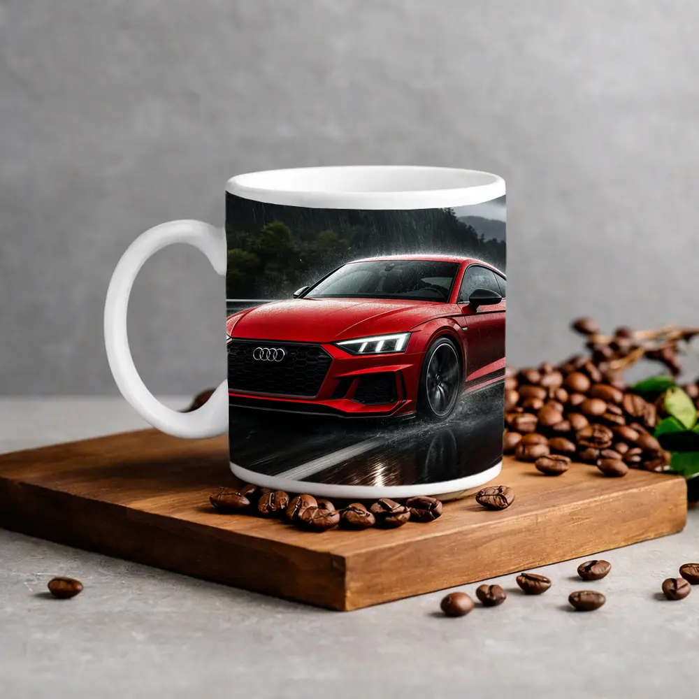 Audi RS5 Red Coupe Driving in Rain – Mugs