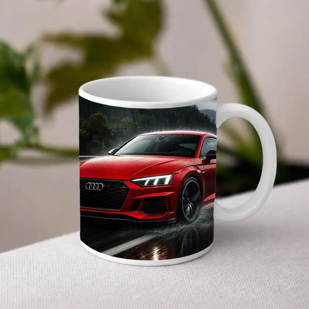 Audi RS5 Red Coupe Driving in Rain – Mugs