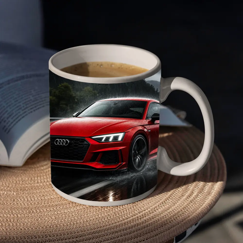 Audi RS5 Red Coupe Driving in Rain – Mugs