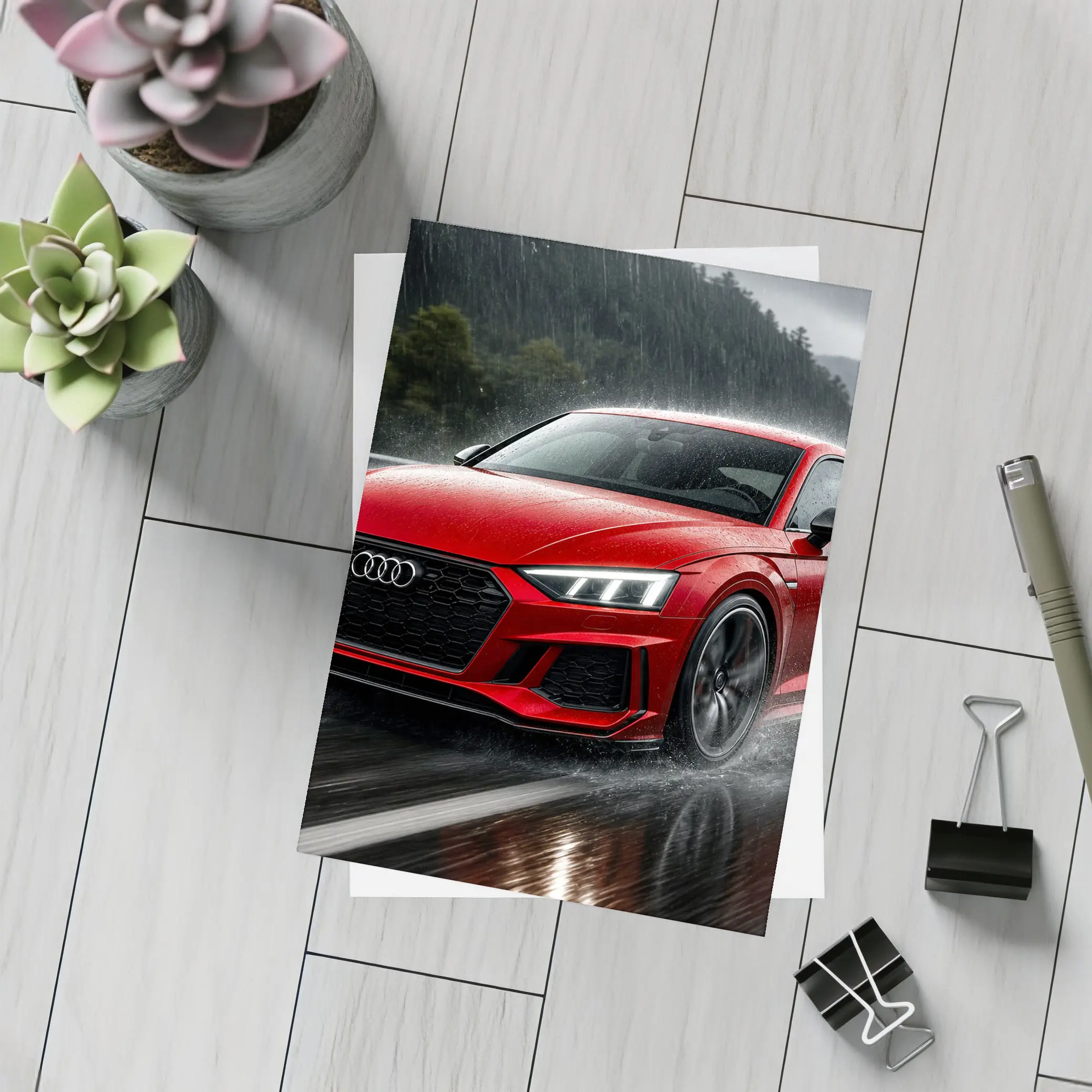 Audi RS5 Red Coupe Driving in Rain – Postcards
