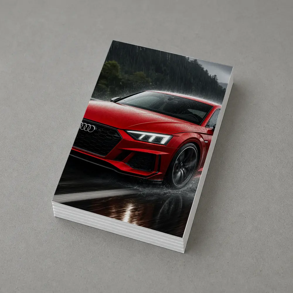Audi RS5 Red Coupe Driving in Rain – Postcards