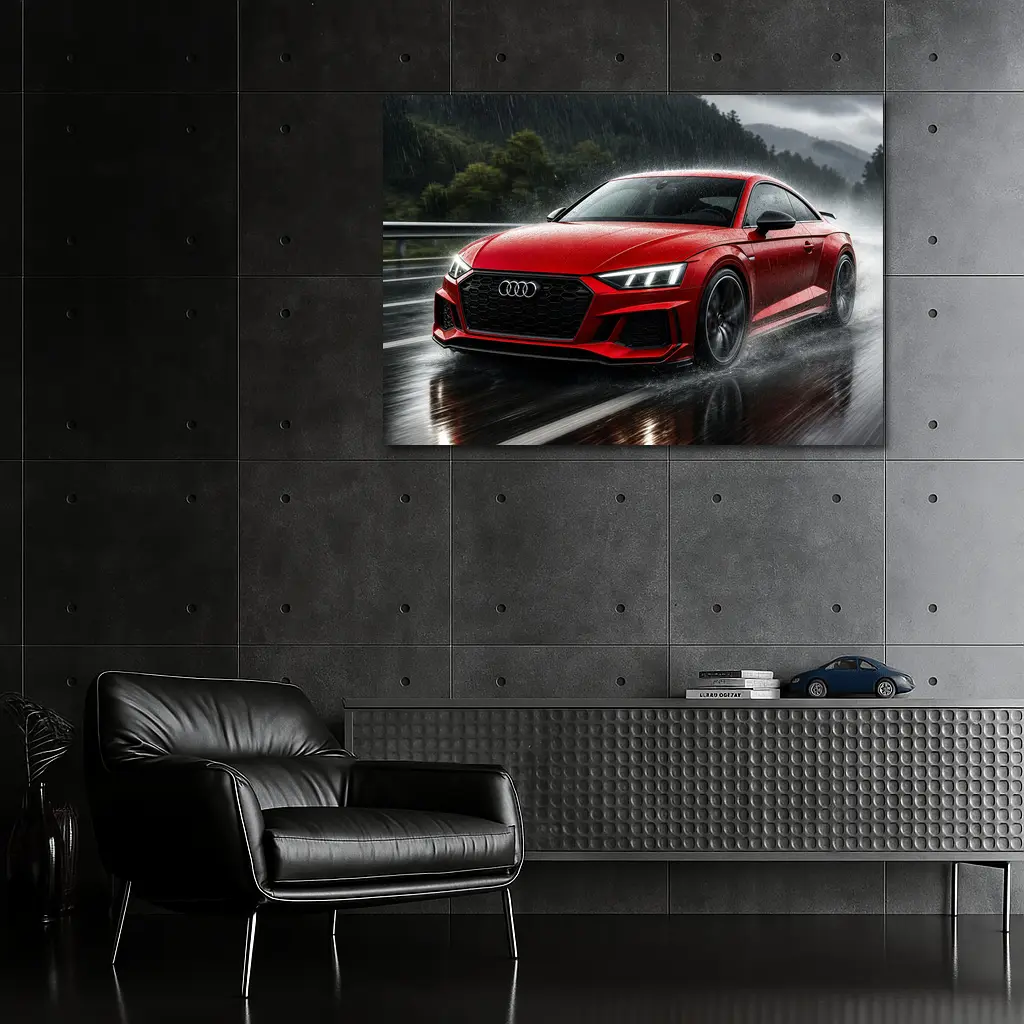 Audi RS5 Red Coupe Driving in Rain – Wall Art