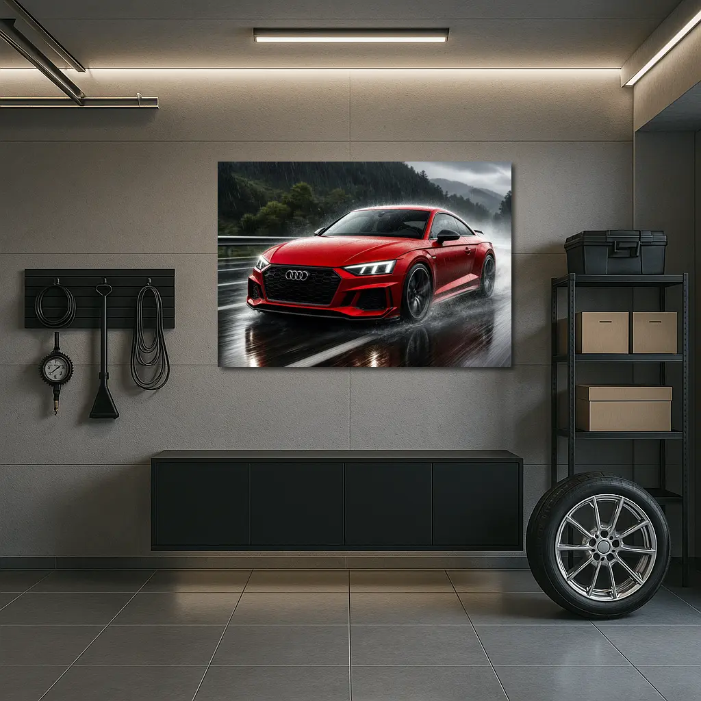 Audi RS5 Red Coupe Driving in Rain – Wall Art
