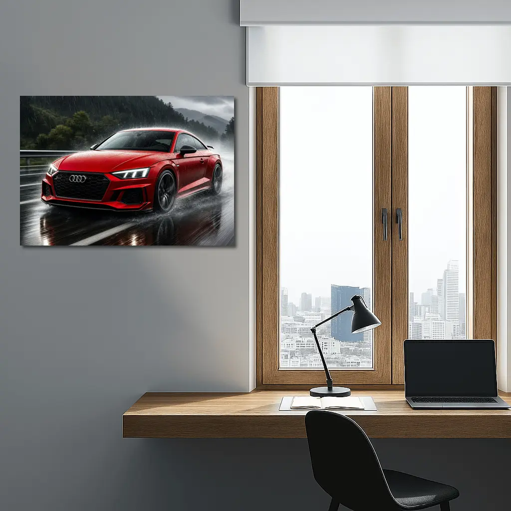 Audi RS5 Red Coupe Driving in Rain – Wall Art