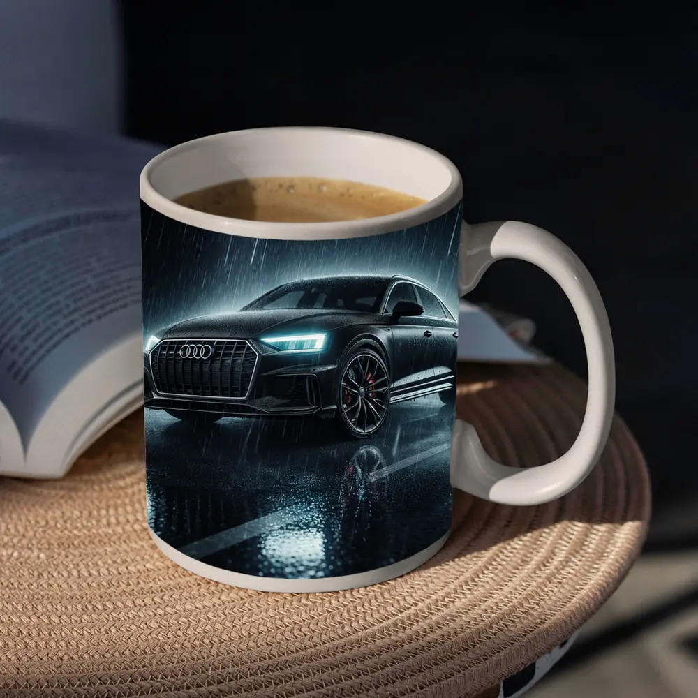 Audi A8 Black Sedan Rainy Night Street – Mugs