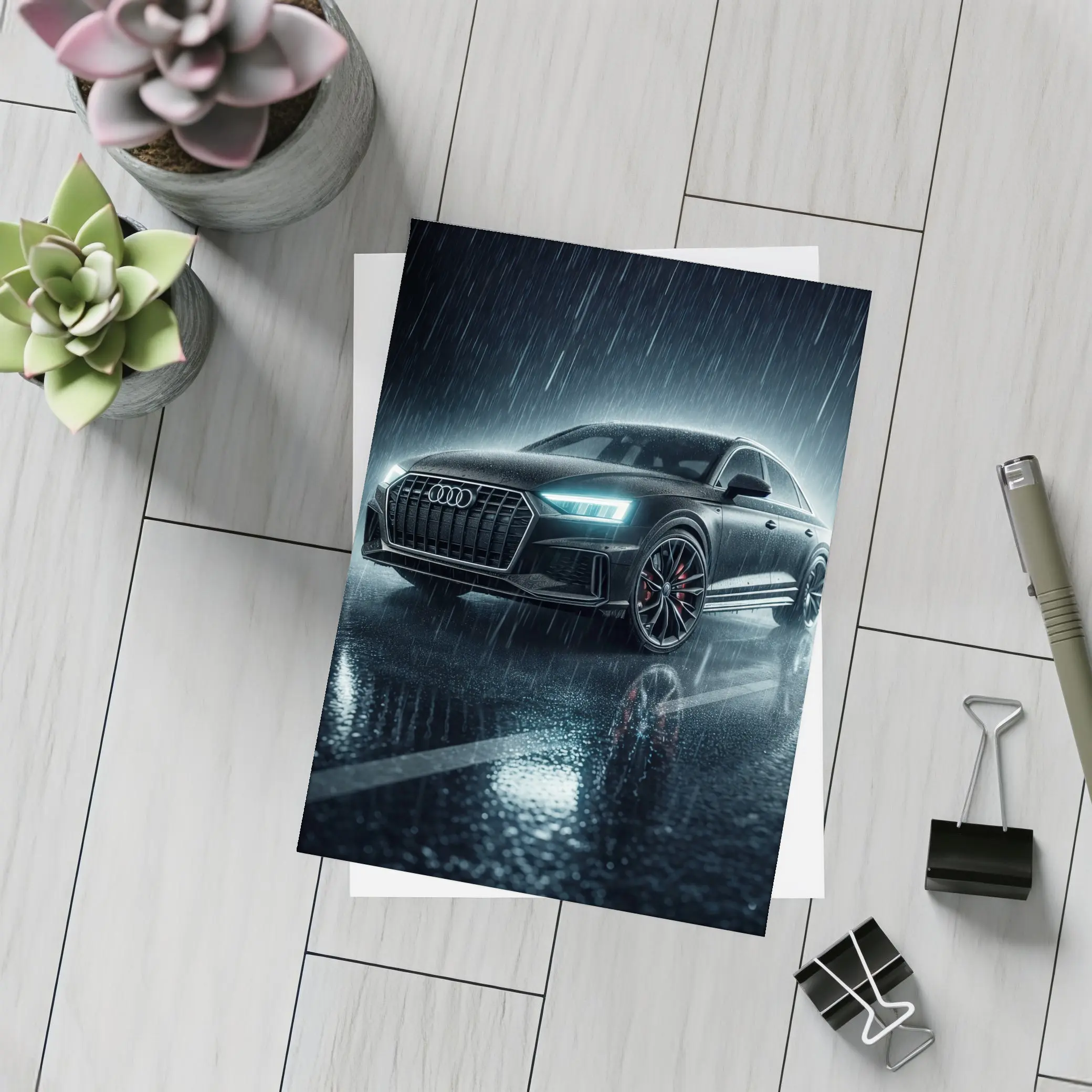Audi A8 Black Sedan Rainy Night Street – Postcards
