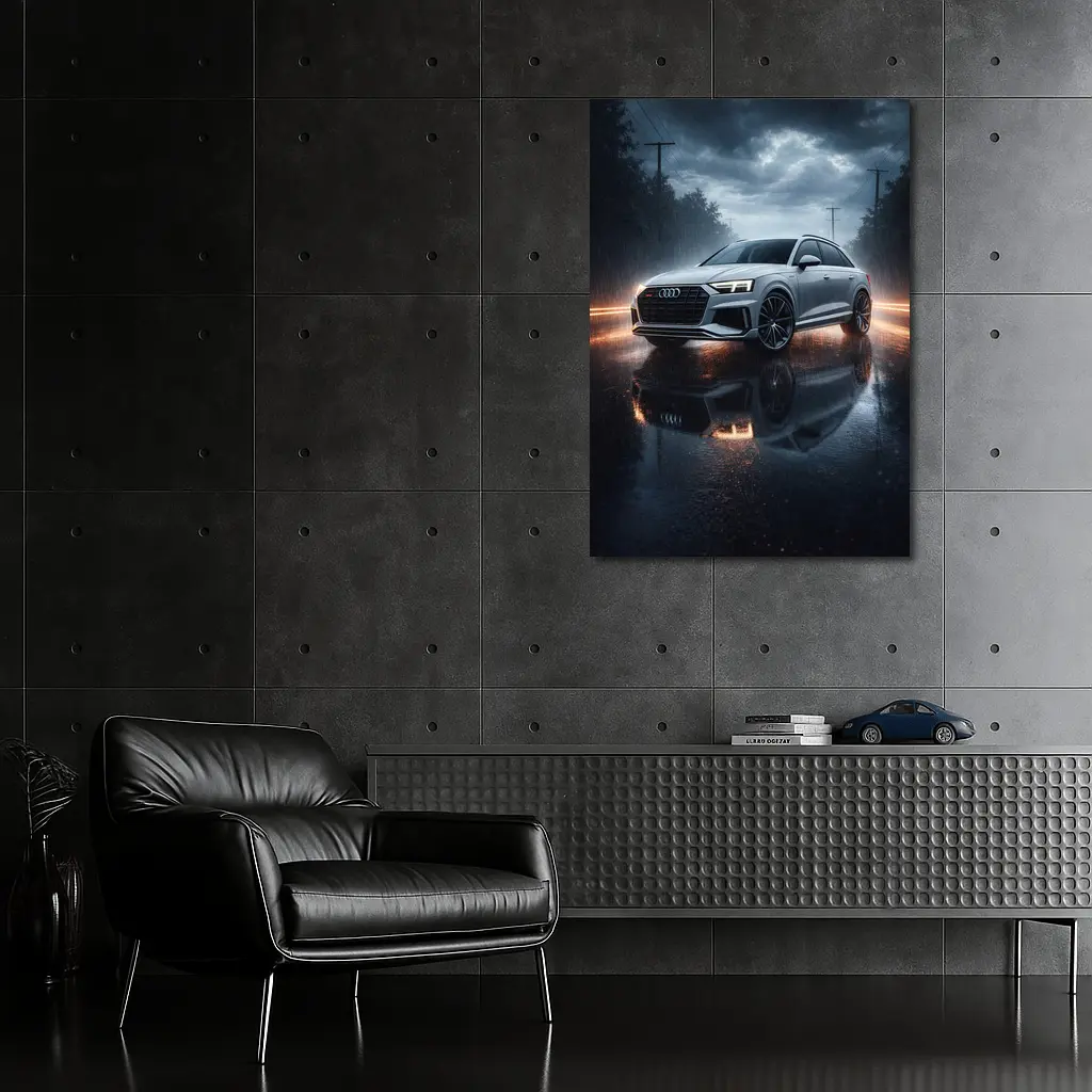 Audi Q8 Silver Rain Wet Road Night – Wall Art