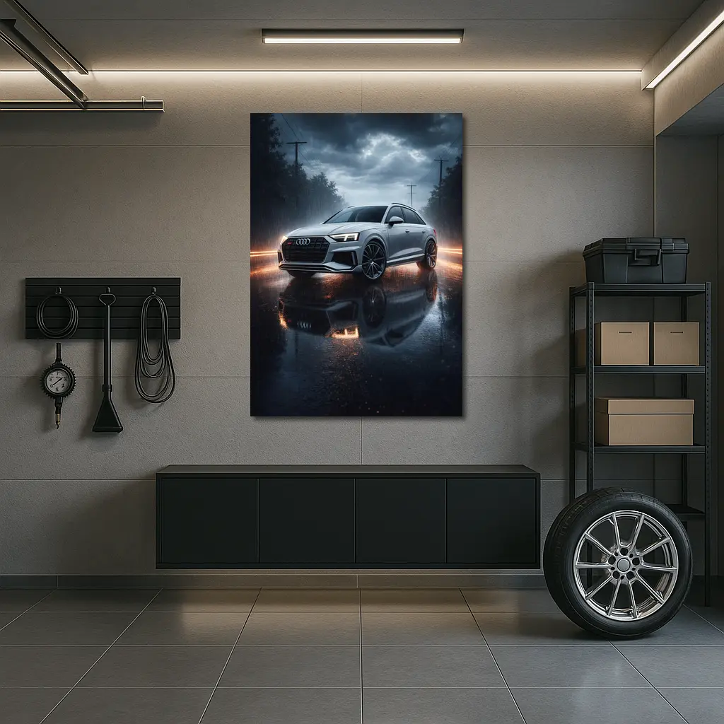 Audi Q8 Silver Rain Wet Road Night – Wall Art