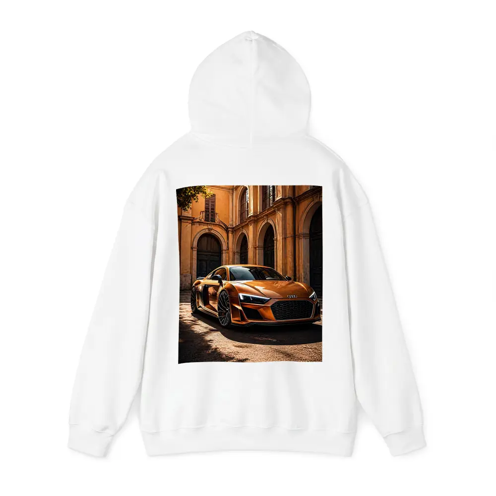 Audi R8 Orange Parked Beside Classical Building – Hoodies