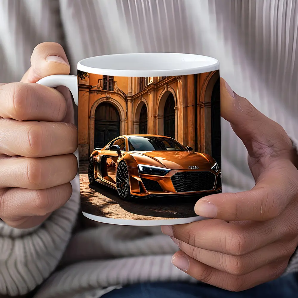 Audi R8 Orange Parked Beside Classical Building – Mugs