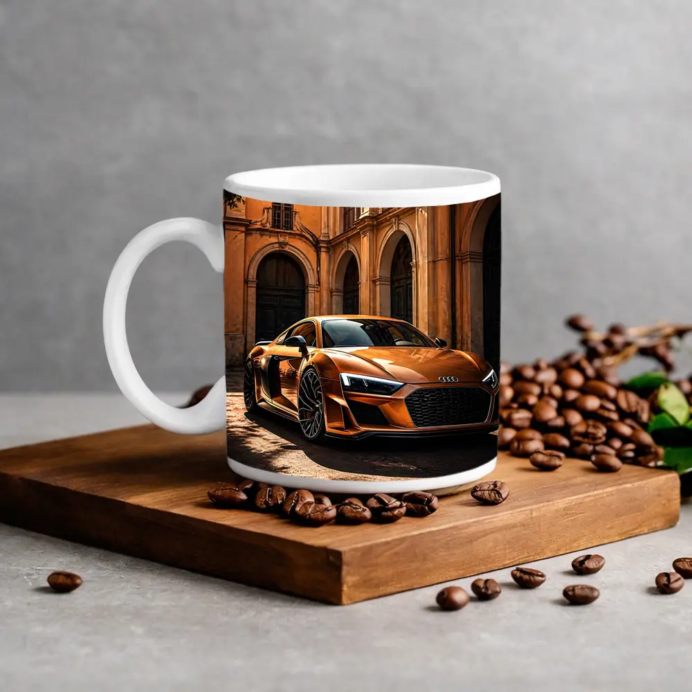 Audi R8 Orange Parked Beside Classical Building – Mugs