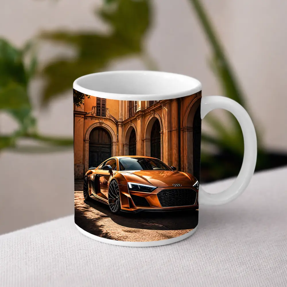 Audi R8 Orange Parked Beside Classical Building – Mugs