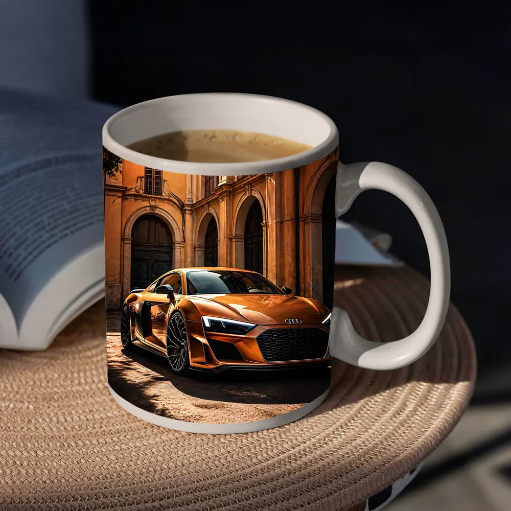 Audi R8 Orange Parked Beside Classical Building – Mugs